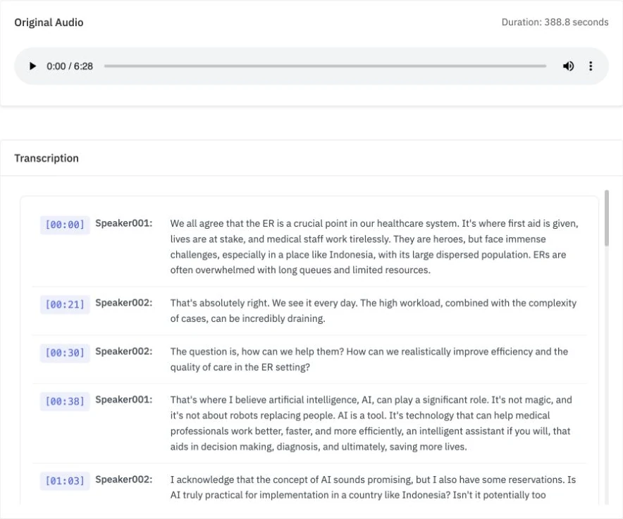 Audio player above a completed demo transcript with speaker labels and timestamps